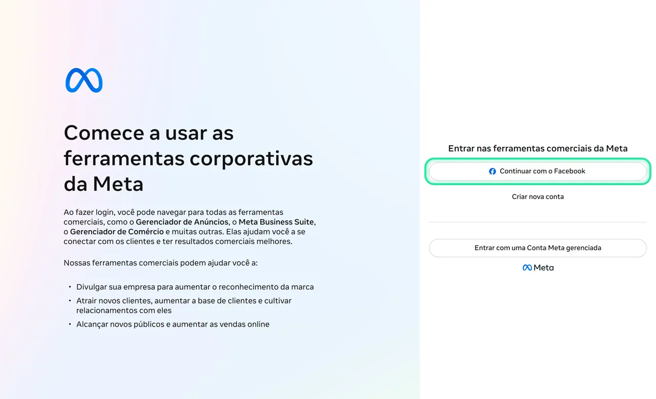 Tela de entrada das ferramentas comerciais da Meta com o botão Continuar com o Facebook destacado