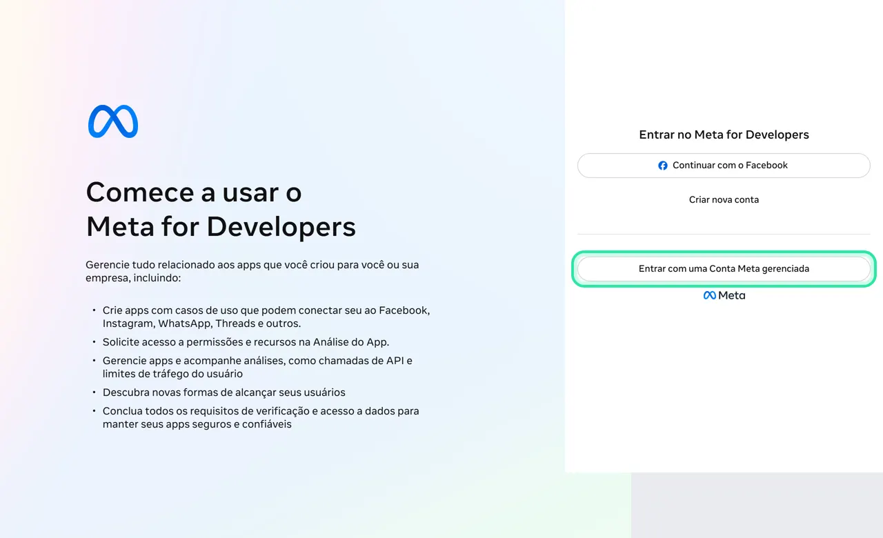Tela de entrada do Meta for Developers